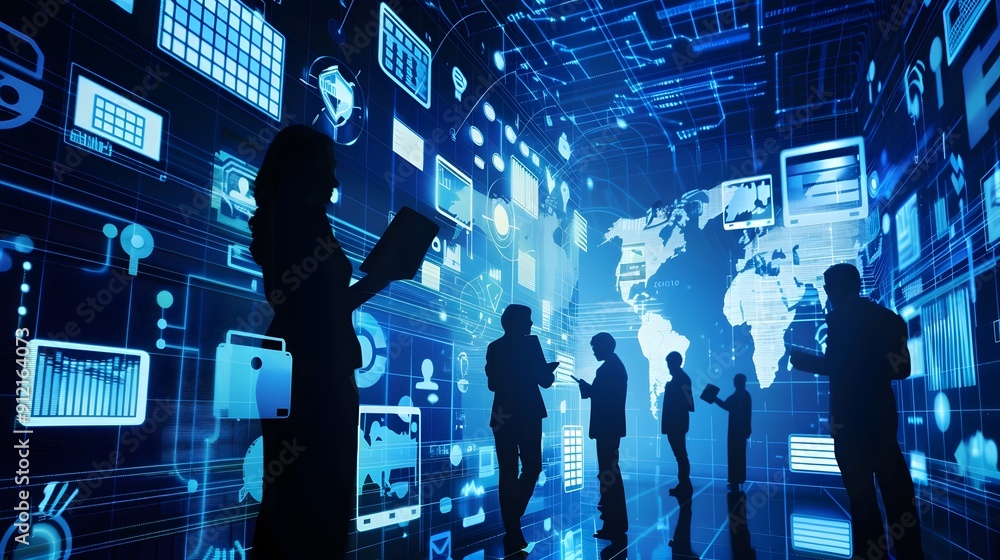 Aufkleber Silhouettes of business professionals interacting with holographic world map and digital data interfaces in a futuristic setting.