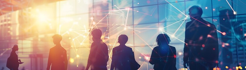 Silhouettes of businesspeople with a digital network background, representing modern technology and global communication.