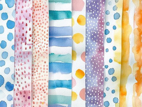 Series of watercolor playful patterns and textures like polka dots and stripes
