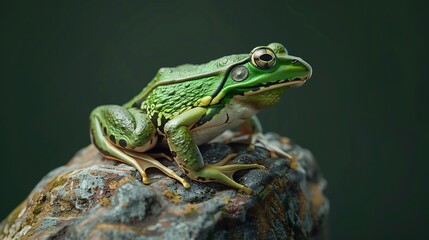 Fototapeta premium A green frog perched on a rustic rock with a blurred background