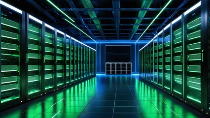 A large room with many green computer servers