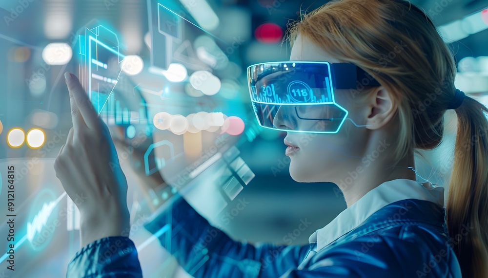 Poster woman using futuristic augmented reality headset interacting with virtual interface in a high-tech e