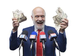 Greedy politician holding cash money