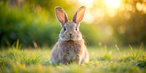 Obraz premium Adorable fluffy rabbit with floppy ears sitting in a field , cute, bunny, pet, animal, fur, grass, nature, adorable, fluffy