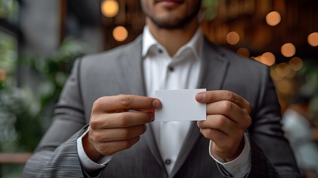 A man is holding a white business card in his hand. The card is rectangular and has a simple design. The man is dressed in a suit and tie, giving the impression of professionalism and formality