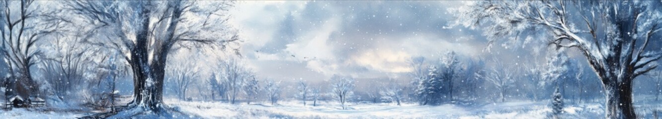 Fototapeta premium Frosty Realm: A High-Detail Hand-Drawn Vision of Natural Tranquility Amidst a Snowstorm-Swept Landscape, Enveloped in Season's Clarity and the Cozy Warmth of an Enchanting Spell in Anime Style.