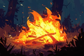 Fototapeta premium 燃えさかる火のイラスト（燃える・焼く・キャンプファイア・焚き火・キャンプ・薪）