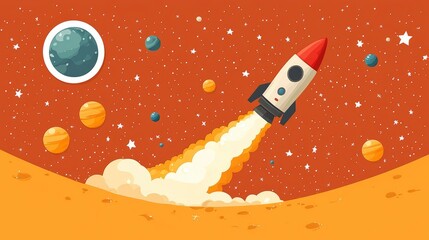 Naklejka premium Cartoon Rocket Taking Off From Planet Surface