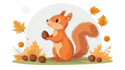 Naklejka premium Cute Squirrel Holding Acorn in Autumn Forest