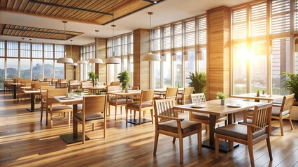 Sun-Drenched Serenity: An Empty Restaurant Interior Bathed in Warm Light  AI generated