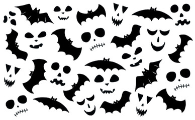 Doodle set of different Halloween elements. Different shaped bats and scary faces. Faces have different emotions. Filling in black. Isolated on white background.