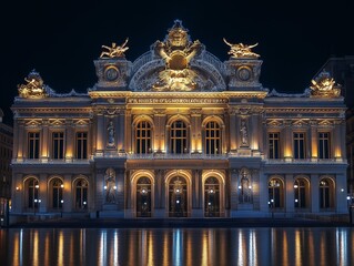 Obraz premium Grand Opera House with Elaborate Baroque Architecture Illuminated by Evening Lights