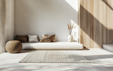 Oriental inspired relaxing interiors with zen decor, wall panels and neutral colors. Serene interior design composition in a property corner.