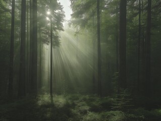 Obraz premium Mystical Redwood Forest: Towering Trees and Ethereal Fog