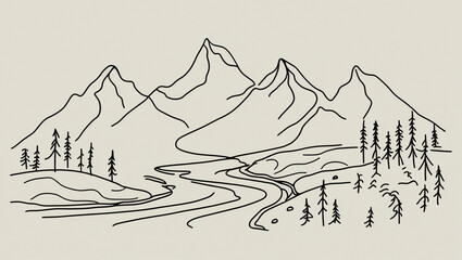 One continuous line drawing of mountain range landscape.