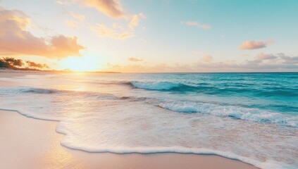 Stunning Seascape at Golden Sunset Highlighting Turquoise Waters and Gentle Waves on Serene Beach