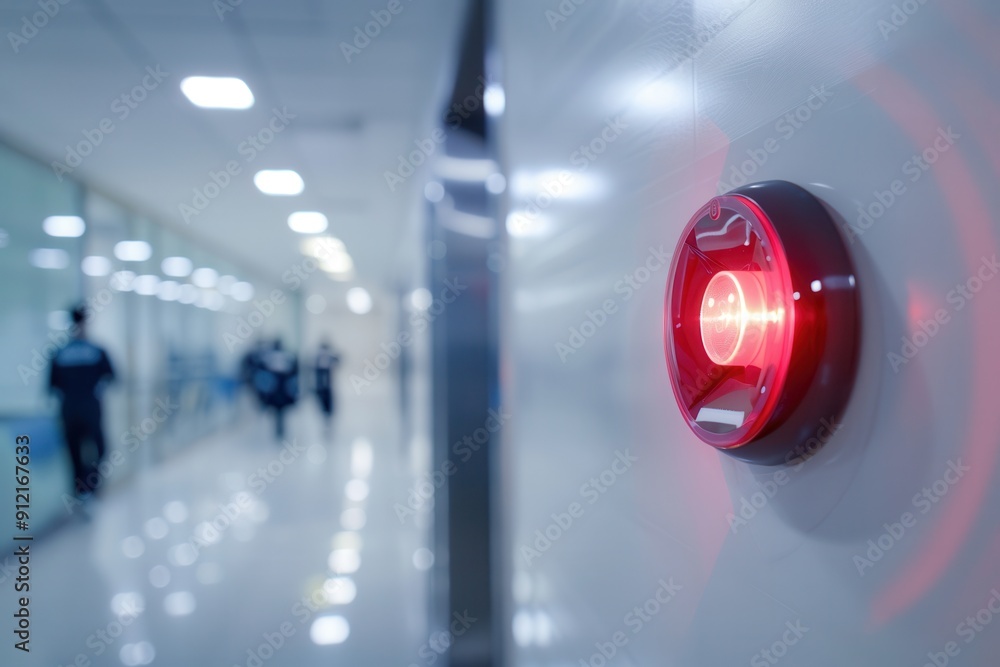 Poster A fire alarm with a bright red light and button is mounted on the wall in a well-lit indoor corridor while people walk in the background. Generative AI