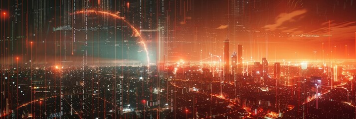 Fototapeta premium Futuristic Cityscape with Digital Overlay - A futuristic cityscape with glowing lights, towering buildings, and a digital overlay symbolizing technology, innovation, progress, connectivity, and the fu