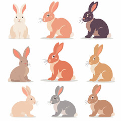 Nine cartoon rabbits in various colors and poses.