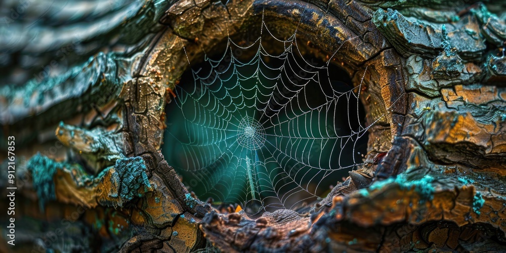 Poster spider web spanning a gap in a tree trunk