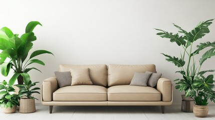 Fototapeta premium Stylish Beige Leather Sofa Accompanied by Lush Green Plants Against a Minimalist White Wall