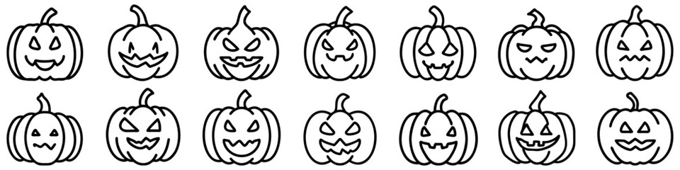 Pumpkin icons set. Black drawn linear Halloween pumpkin icon, perfect for Halloween and fall themes. Vector illustration