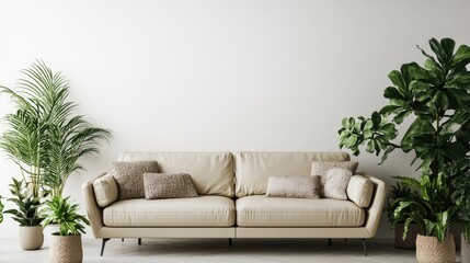 Fototapeta premium Stylish Beige Leather Sofa Accompanied by Lush Green Plants Against a Minimalist White Wall