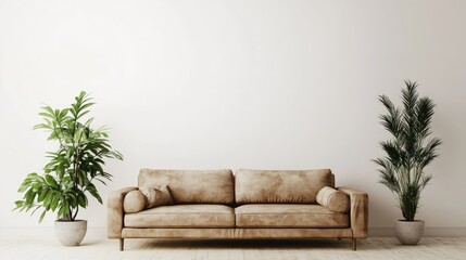 Fototapeta premium Stylish Beige Leather Sofa Accompanied by Lush Green Plants Against a Minimalist White Wall