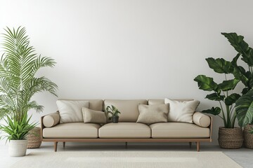 Stylish Beige Leather Sofa Accompanied by Lush Green Plants Against a Minimalist White Wall