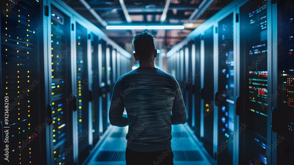 Poster man walking through a dimly lit server room with rows of servers, highlighting the modern technology