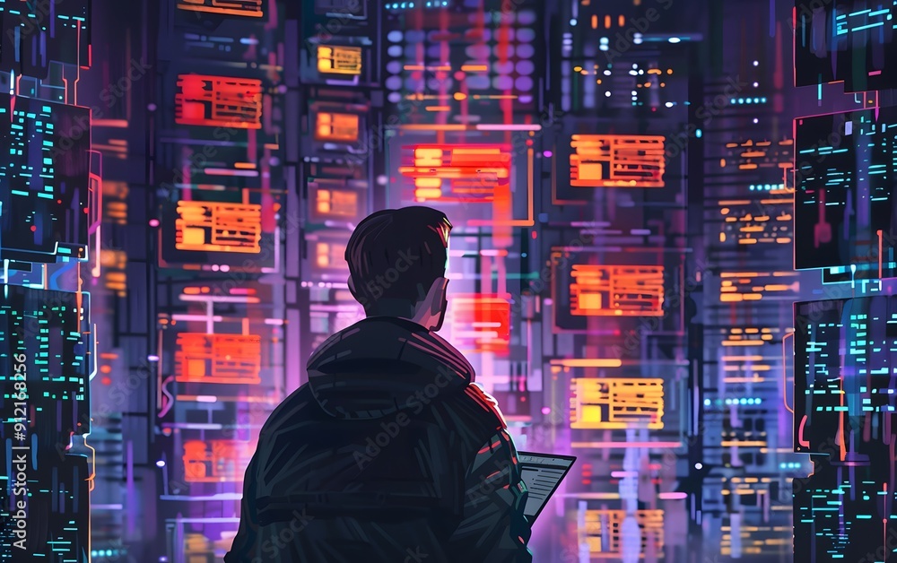 Poster man working with futuristic computer servers in a vibrant, colorful data center. advanced technology