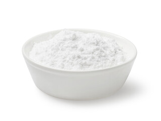 White ceramic plate full of powdered sugar, isolated on a white background