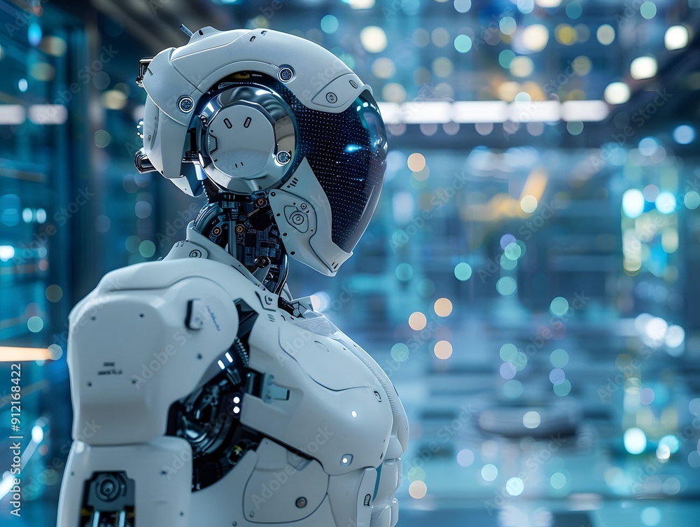 Poster futuristic white robot in a high-tech laboratory setting, showcasing advanced ai and robotics techno