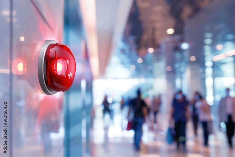 Poster A bright red fire alarm with a light and button is mounted on the wall as people move through the busy public area. Generative AI