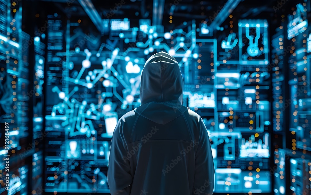 Poster hacker in a hoodie facing a futuristic server room with glowing blue lights, representing cyber secu
