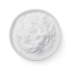 Full plate of powdered sugar isolated on white background, top view