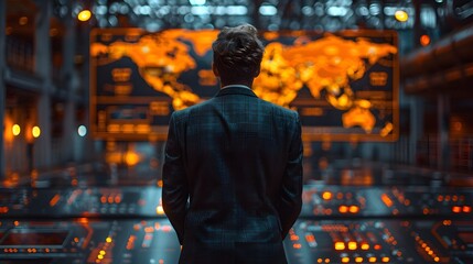 Obraz premium A man in a suit stands in front of a computer monitor displaying a map of the world. The man is looking at the map intently