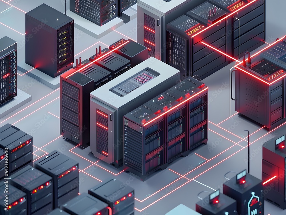 Poster high-tech data center with modern servers and interconnected network infrastructure, featuring advan