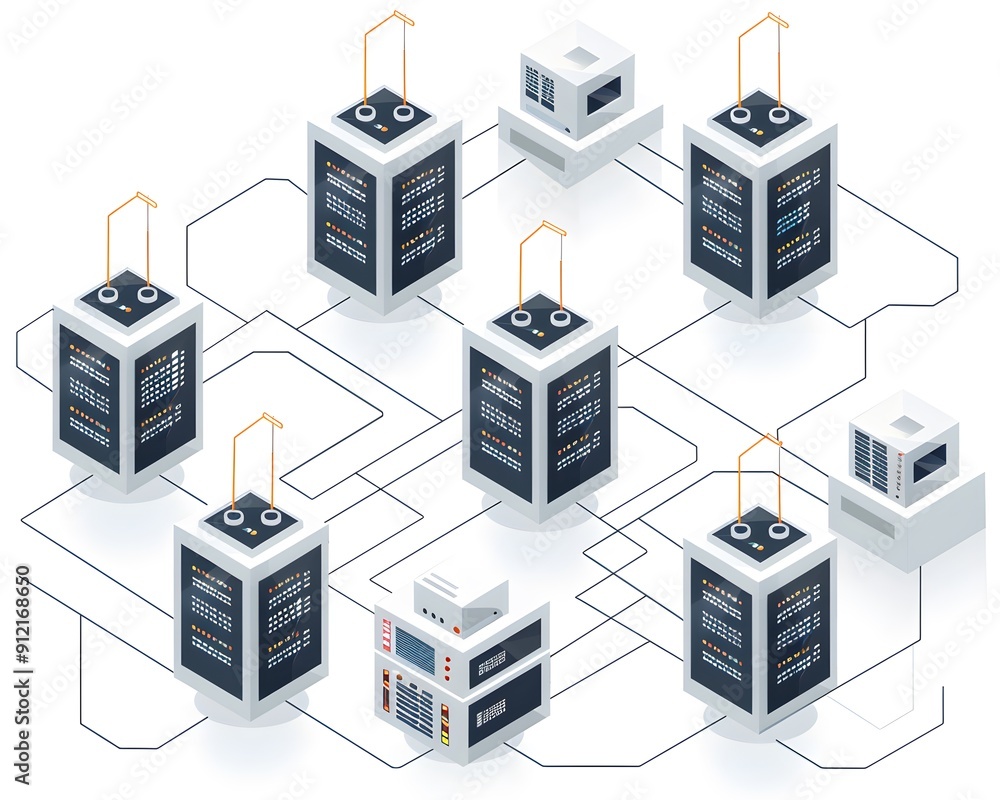 Poster illustration of a cloud computing network with interconnected servers, representing data storage and