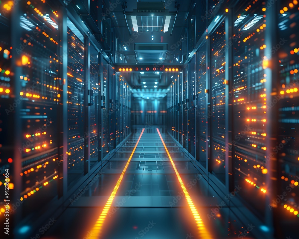 Poster high-tech data center with advanced server technology, featuring glowing lights and modern infrastru