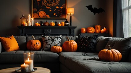 Obraz premium Halloween Interior living room and orange pumpkin