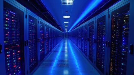 Fototapeta premium Server Room with Blue Lighting