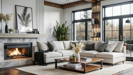 Fototapeta premium A modern living room features a beige sectional sofa adorned with patterned throw pillows.