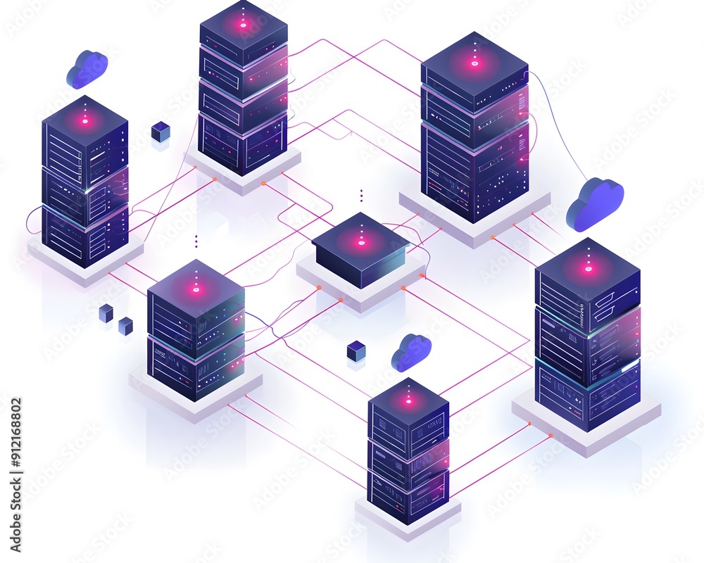 Poster isometric illustration of a futuristic server network connected to cloud storage, showcasing digital