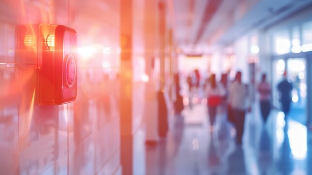 A fire alarm with a bright red light and button is visible on the wall as people move quickly through the hallway. Generative AI