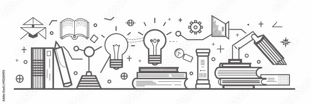 Aufkleber knowledge and inspiration: the key to innovation - a stack of books symbolizing knowledge, lightbulb