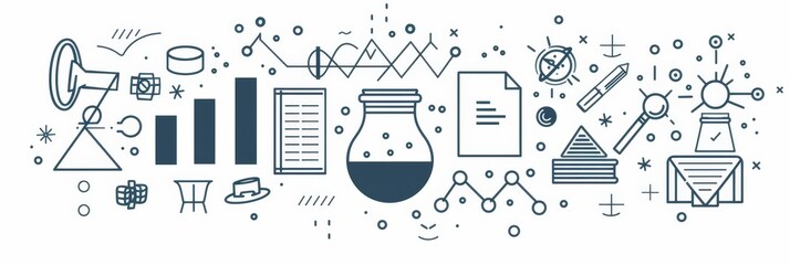 Innovation and Creativity Concept - Line Art Illustration - The illustration represents innovation, creativity, research, analysis, and development. It showcases various elements like a beaker, magnif