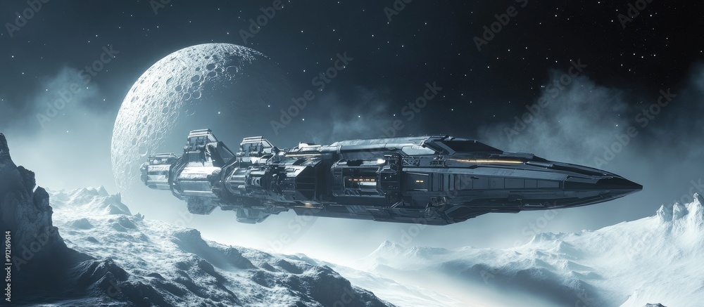 Poster 3d rendering of a futuristic spaceship near a celestial moon