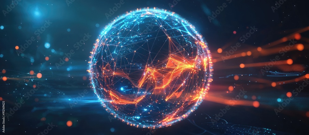 Poster abstract 3d illustration of a rotating futuristic technology sphere symbolizing global networks nano