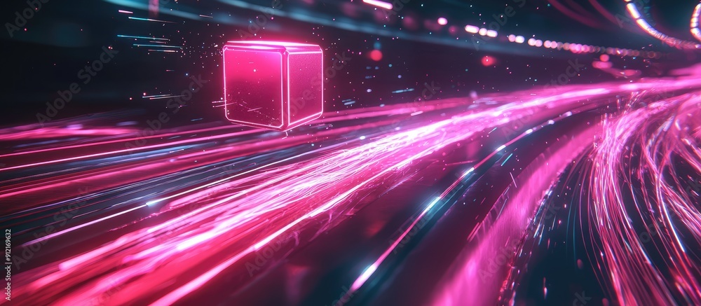 Poster 3d rendering of neon pink light trails and a floating cube over an abstract highway showcasing a dig